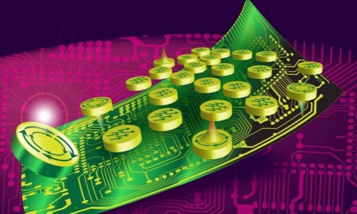 The artist's portrayal is an illustration of a nanomagnetic coprocessor solving complex optimization problems and highlights the shape-engineered nanomagnet's two unique energy minimum states -- vortex and single domain. Credit: Illustration by Ryan Wakefield