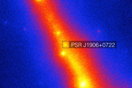 Fermi-LAT sky map with the celestial neighborhood of the newly discovered pulsar PSR J1906+0722 featuring several other gamma-ray pulsars (not labeled). The color scale shows the gamma-ray intensity. The dashed square at the centre encloses the position of the pulsar and the part of the sky shown in more detail in the figure below. © Knispel/AEI/NASA/DOE/Fermi LAT Collaboration