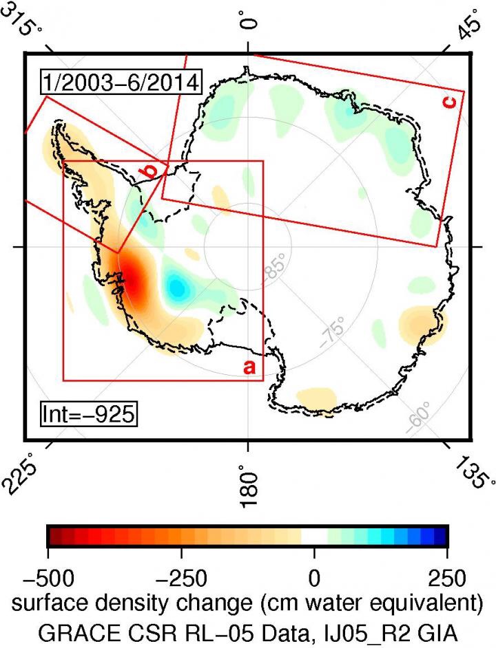 CAPTION Princeton University researchers "weighed" Antarctica's ice sheet using gravitational satellite data and found that from 2003 to 2014, the ice sheet lost 92 billion tons of ice per year. CREDIT Image by Christopher Harig, Department of Geosciences