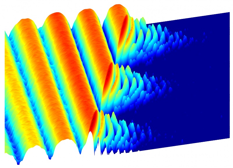 Oscillations of photons create an image of frozen light. At first, photons in the experiment flow easily between two superconducting sites, producing the large waves shown at left. After a time, the scientists cause the light to 'freeze,' trapping the photons in place. Fast oscillations on the right of the image are evidence of the new trapped behavior. 