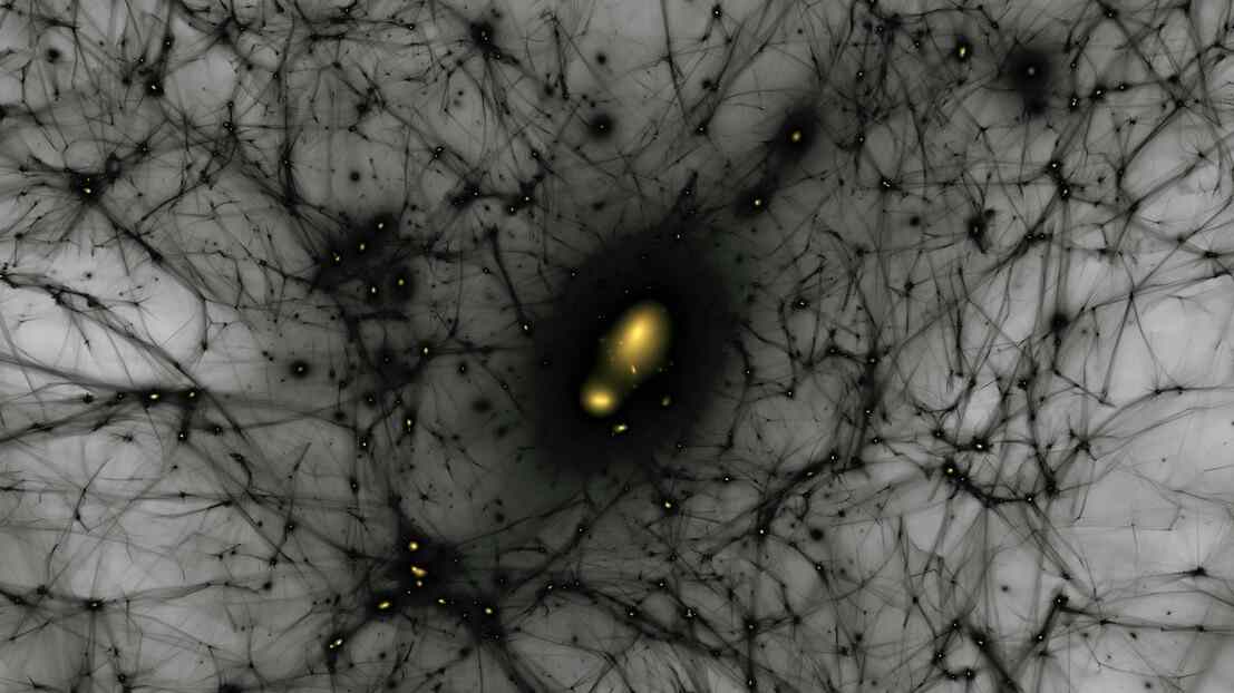 Still image from simulation showing the formation of dark matter structures from the early universe to today. Gravity causes dark matter to cluster into dense halos, where galaxies form. Researchers have used these supercomputer simulations to better understand the connection between dark matter and galaxy formation. Credit: Ralf Kaehler/Ethan Nadler/SLAC National Accelerator Laboratory