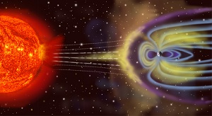 An artist's rendition of Earth's magnetosphere. A magnetic tail, or magnetotail, is formed by pressure from the solar wind on a planet's magnetosphere. Image: NASA