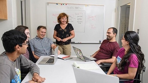 CAPTION Conducting research on energy-efficient software are (from left) University of Delaware undergraduate students Gifan Thadathil and Kate Travers, assistant professor James Clause, professor Lori Pollock, and doctoral students Cagri Sahin and Irene Manotas. CREDIT Kathy F. Atkinson/University of Delaware