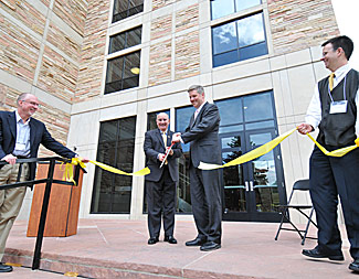 Ribbon cutting to dedicate the new JILA X-Wing addition at the University of Colorado Boulder. Left to right: Tom O'Brian, chief of the NIST Quantum Physics Division; Philip DiStefano, Chancellor of the University of Colorado Boulder; NIST Director Patrick Gallagher; and Eric Cornell, JILA Department Chair and Nobel Laureate. Credit: Casey A. Cass/University of Colorado