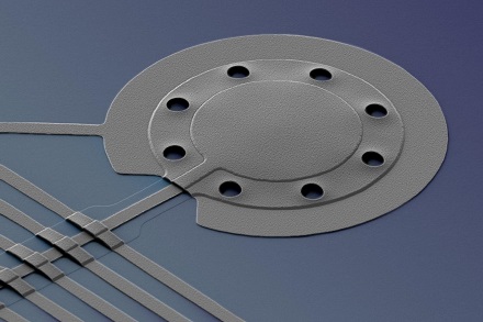 CAPTION NIST researchers applied a special form of microwave light to cool a microscopic aluminum drum to an energy level below the generally accepted limit, to just one fifth of a single quantum of energy. The drum, which is 20 micrometers in diameter and 100 nanometers thick, beat10 million times per second while its range of motion fell to nearly zero. CREDIT Teufel/NIST