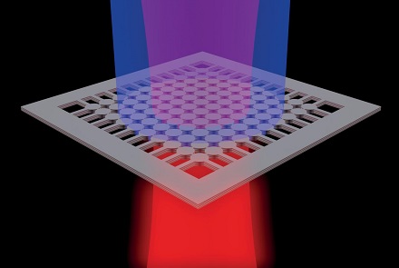 CAPTION This is a schematic of the BIC laser: a high frequency laser beam (blue) powers the membrane to emit a laser beam at telecommunication frequency (red). CREDIT Kanté group, UC San Diego