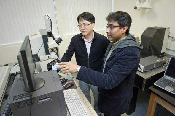 Swastik Kar (right), assistant professor of physics at Northeastern University, and Yung Joon Jung (left), associate professor of mechanical and industrial engineering at Northeastern University, use a Raman Spectrometer to characterize the assembly of a carbon nanotube. The pair recently received National Science Foundation grant to explore the phenomenon of the photoswitch.