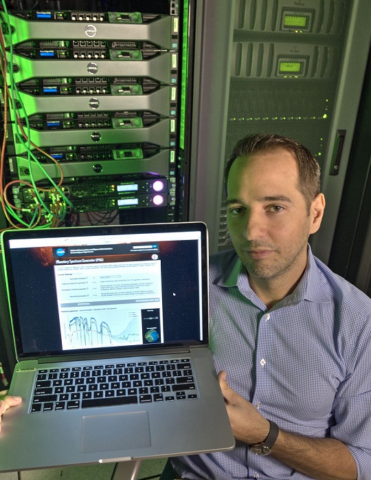 CAPTION Planetary scientist Geronimo Villaneuva has created an online application that accesses at least one terabyte of data to calculate everything from the spectrum of an exoplanet and the weather on Mars to the chemical makeup and orbit of a celestial object. The simple-to-use Planetary Spectrum Analyzer employs high-performing computer clusters at Goddard. CREDIT Credits: NASA/W. Hrybyk