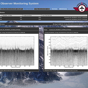 Here is a screen grab of the IU system, showing the data received from the University of Kansas radar arrays. The dark line at the center shows the ice surface, with snow in the lighter area above.