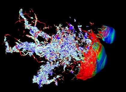 CAPTION The formation of filaments upon the collision of a shock wave with two molecular clouds.  CREDIT Valery Goryachev and Boris Rybakin