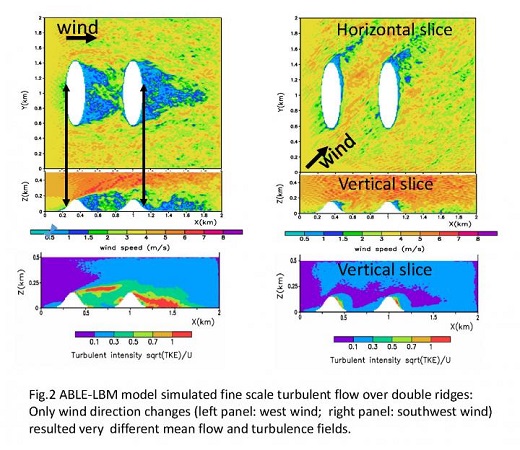 Fine-scale turbulent flow is simulated using the ABLE-LBM model with the behavior of the west wind on the left and the behavior of the southwest wind on the right. Changing just the wind direction resulted in very different mean flow and turbulence fields between the two simulations.