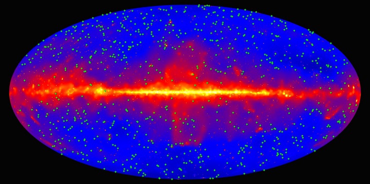 This map of the entire sky shows the location of 739 blazars used in the Fermi Gamma-ray Space Telescope's measurement of the extragalactic background light (EBL). The background shows the sky as it appears in gamma rays with energies above 10 billion electron volts, constructed from nine years of observations by Fermi's Large Area Telescope. The plane of our Milky Way galaxy runs along the middle of the plot.