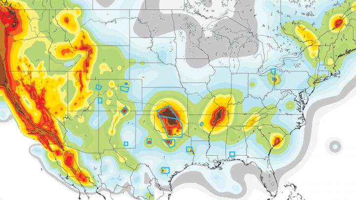 USGS map highlights earthquake risk zones. Blue boxes indicate areas of high activity of human-caused earthquake due to deep bore fluid injection.