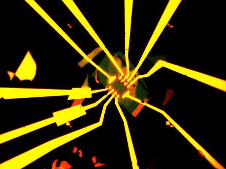 CAPTION An enhanced optical microscope image of a Hall-bar structure used to characterize transistor properties for devices made with ultraclean transferred contacts. The long radial lines, made from deposited gold, connect the small contacts at the center of the device to large probe pads for easy measurements.  CREDIT Min Sup Choi/Columbia Engineering