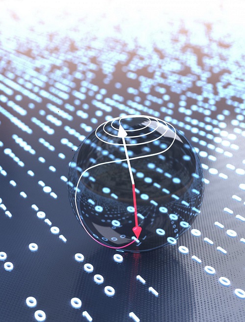 CAPTION Using ultrashort pulses of light enables extremely economical switching of a magnet from one stable orientation (red arrow) to another (white arrow). This concept enables ultrafast information storage with unprecedented energy efficiency.  CREDIT © Brad Baxley (parttowhole.com)