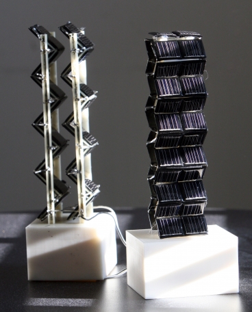 Two small-scale versions of three-dimensional photovoltaic arrays were among those tested by Jeffrey Grossman and his team on an MIT rooftop to measure their actual electrical output throughout the day. Photo: Allegra Boverman