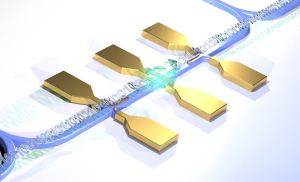 Carbon tube (center) as a photon source and superconducting nanowires as receivers constitute part of the optical chip (Photo: W.Pernice/WWU)