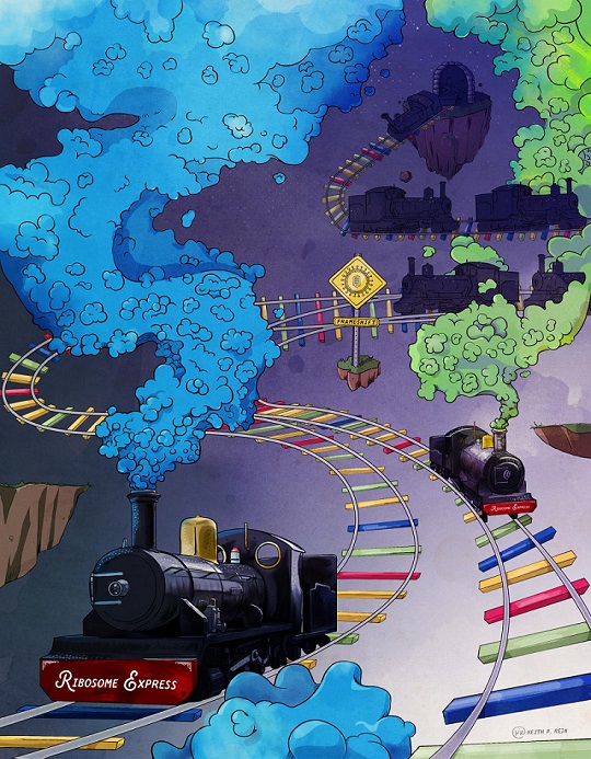 CAPTION Ribosomes (trains) frameshift (change tracks) at the HIV-1 frameshift sequence (yellow sign), producing large amounts of frameshifted protein (blue smoke) compared to non-frameshifted protein (green smoke).  CREDIT Keith Rein/Salt & Paper House