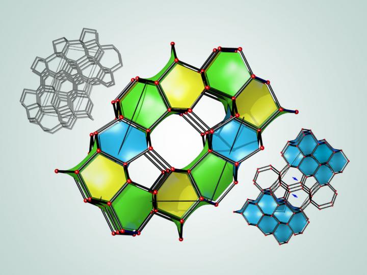 CAPTION An illustration depicts three of 43 newly predicted superhard carbon structures. The cages colored in blue are structurally related to diamond, and the cages colored in yellow and green are structurally related to lonsdaleite.  CREDIT Credit: Bob Wilder / University at Buffalo, adapted from Figure 3 in P. Avery et al., npj Computational Materials, Sept. 3, 2019.