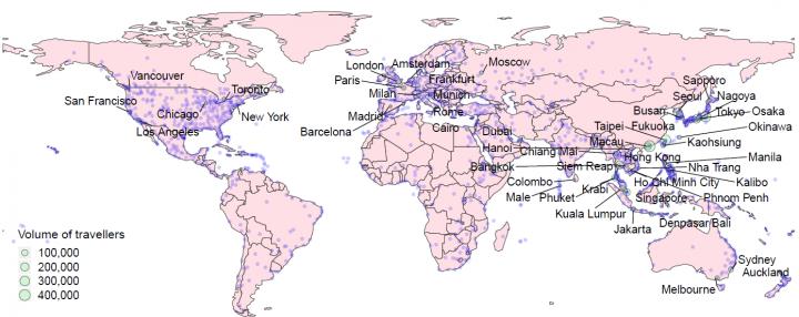 Global cities receiving airline travellers from 18 high-risk cities in mainland China over three month period.