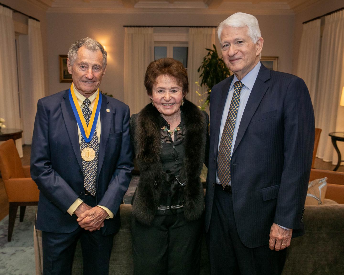 CAPTION Distinguished Professor of Computer Science Leonard Kleinrock; wife, Stella Kleinrock; and UCLA Chancellor Gene Block  CREDIT Reed Hutchinson/UCLA