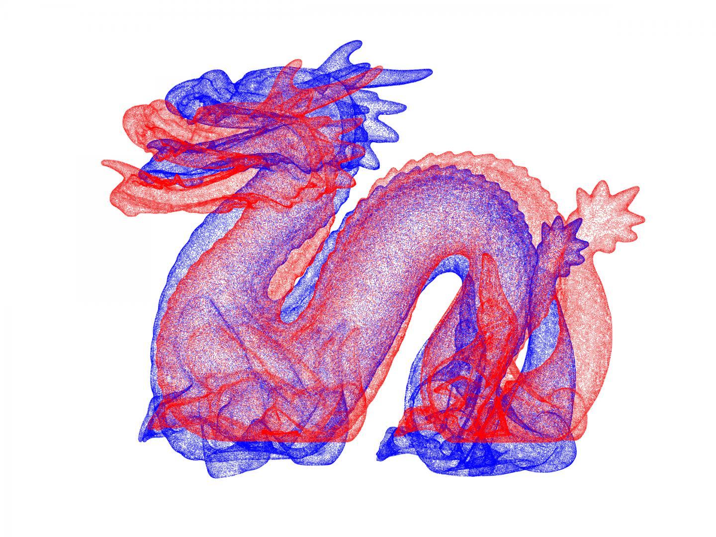 This animation shows the evolution of shape deformation, resulting from the application of the algorithm to the dragon dataset. As for the armadillo dataset, the red shape before optimization was created by nonlinear deformation of the blue shape. Both point sets are composed of 437,645 points each.