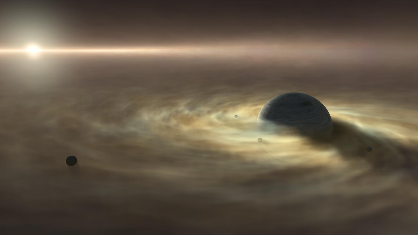 An artist's impression of a satellite forming around a giant gas planet which is itself still forming around a star.