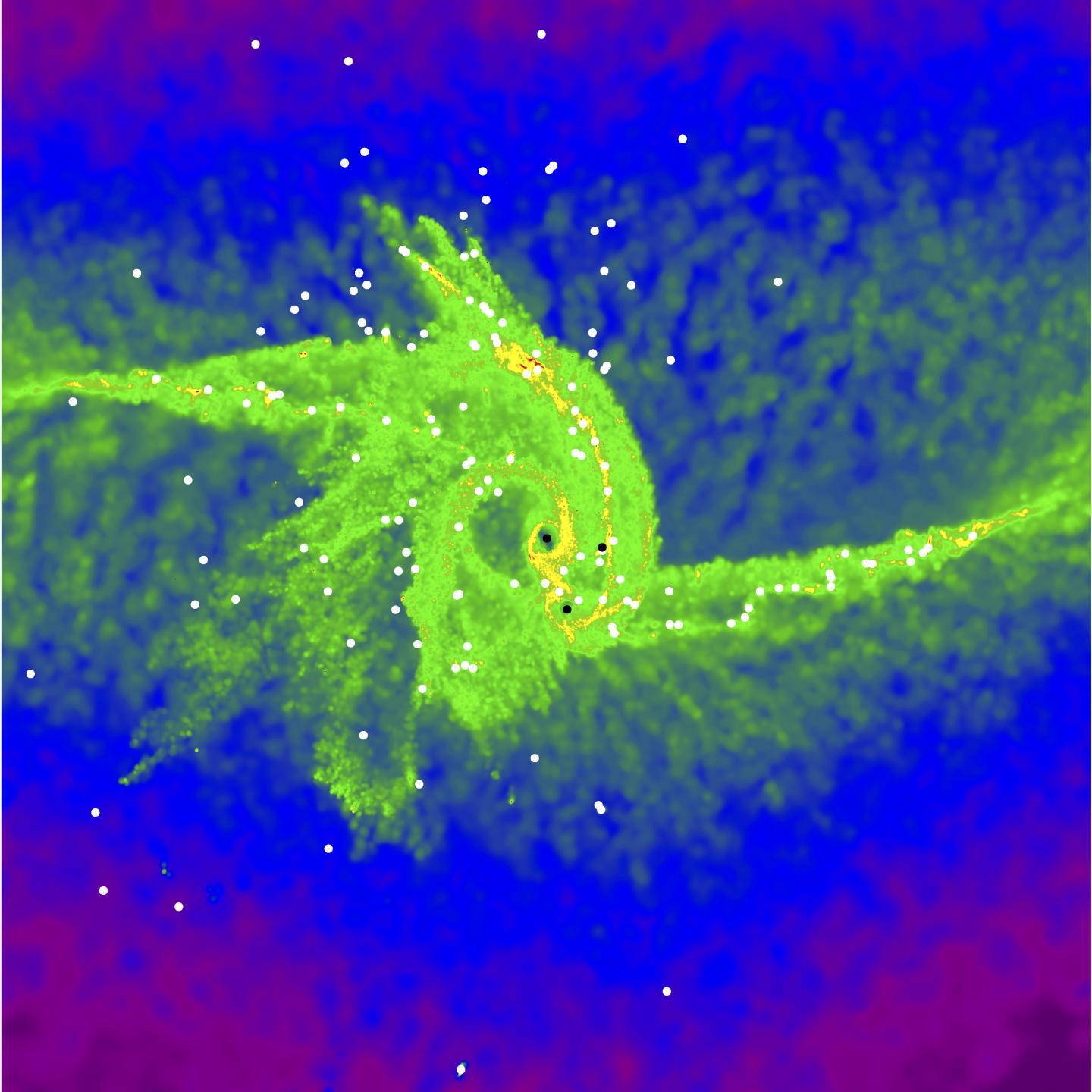 CAPTION Snapshots of the simulations showing the distribution of matter in the Universe at the time of black hole formation (top) and the density distribution of black hole-producing gas clouds (bottom). In the bottom panel, the black dots near the center of the figure represent massive stars, which are thought to evolve into a black hole in time. The white dots represent stars that are smaller than 10 solar mass and were formed by the fragmentation of the gas cloud. Many of the smaller stars merge with the supermassive stars at the center, allowing the massive stars to grow efficiently.  CREDIT Sunmyon Chon