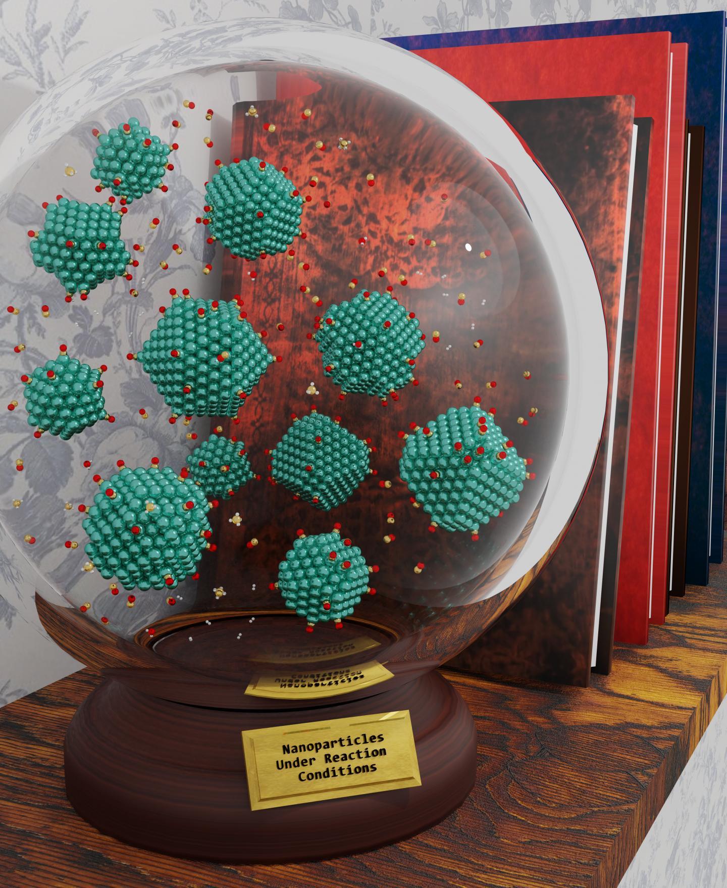 CAPTION An illustration of nanoparticles under reaction conditions was featured on the cover of ACS Catalysis.  CREDIT Raffaele Cheula