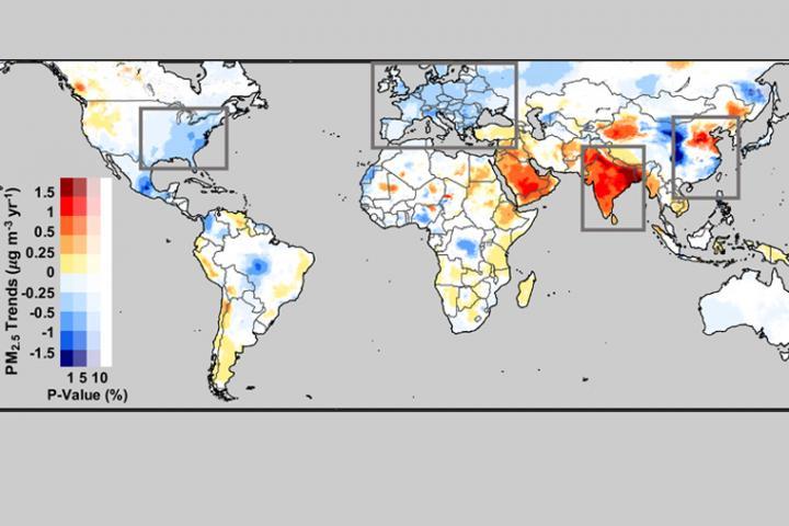 CAPTION Calculated trends in geophysical PM2.5 values from 1998-2018. Warm colors indicate positive trends, cool colors indicate negative trends and the opacity of the colors indicates the statistical significance of the trends.