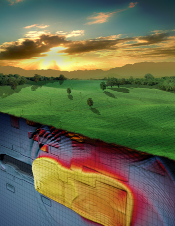 This image shows an array of geodetic instruments at the surface of Earth and activity that was modeled on the fault below. The yellow colors indicate the highest speeds of slippage between plates along the San Andreas Fault. The reddish colors represent slower seismic speeds and the bluish colors indicate slippage at velocity close to the long-term advance of the San Andreas Fault. The dark color indicates a portion of the fault where the velocity is so small that it appears completely locked. [Credit: Sylvain Barbot / Caltech]