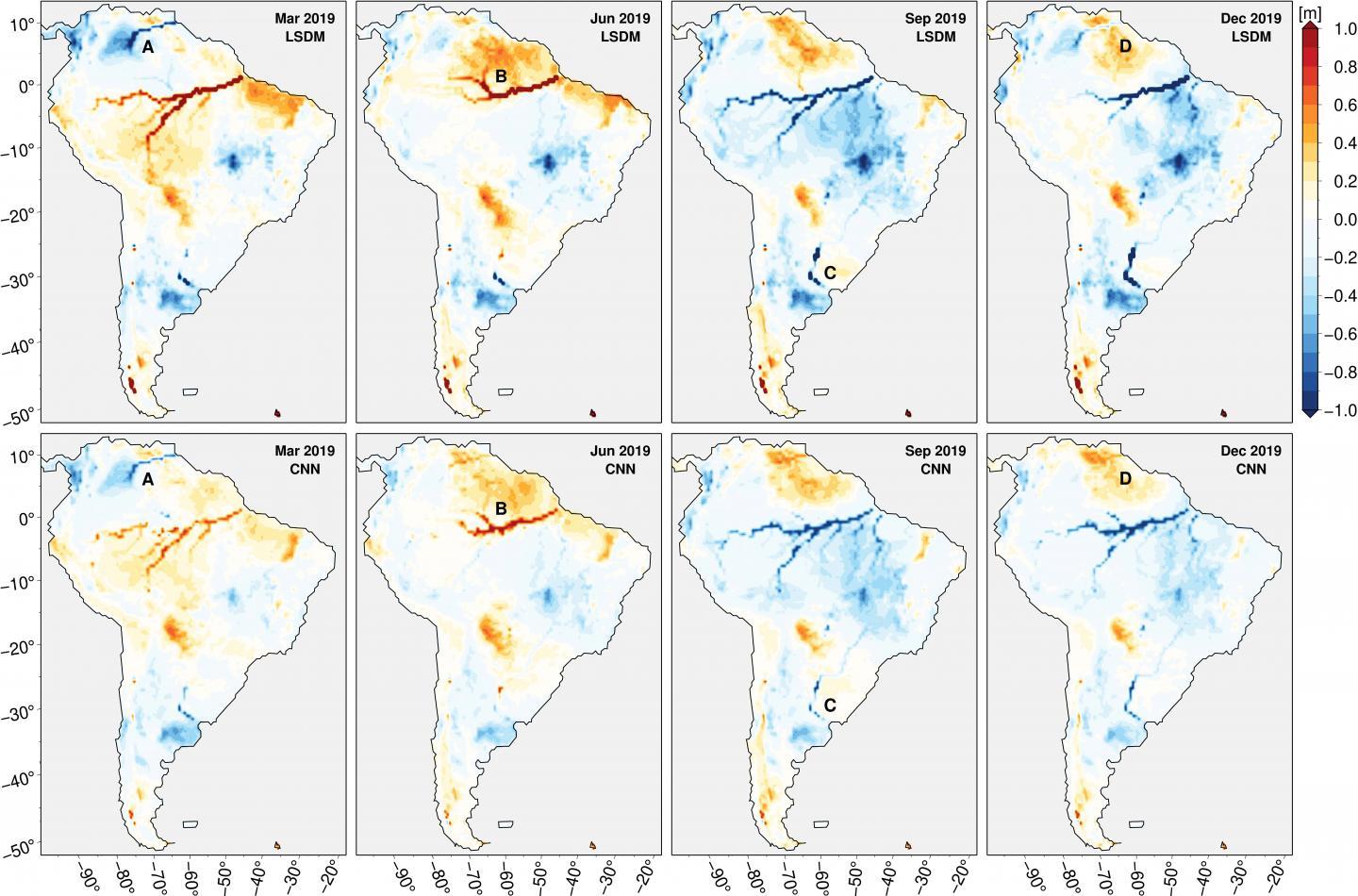 CAPTION Comparison of monthly-mean terrestrial water storage anomalies (TWSAs) in selected months of the prediction year 2019.  CREDIT Image: Irrgang et al. 2020, Geophysical Research Letters