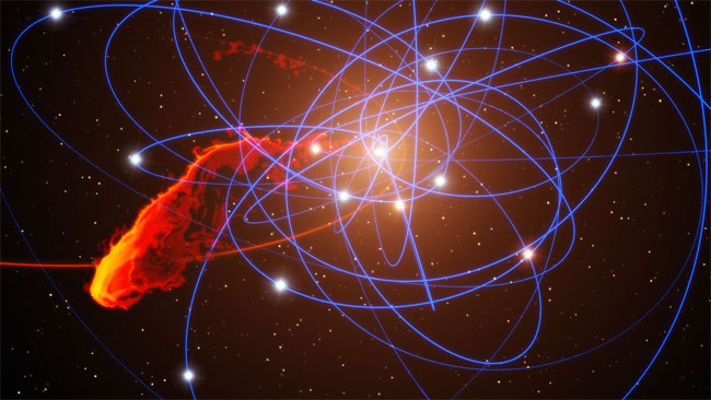 Simulations of the dust and gas cloud G2 on its orbit around the Milky Way central black hole SgrA*.  Photo courtesy of M. Schartmann and L. Calcada/ European Southern Observatory and Max-Planck-Institut fur Extraterrestrische Physik.