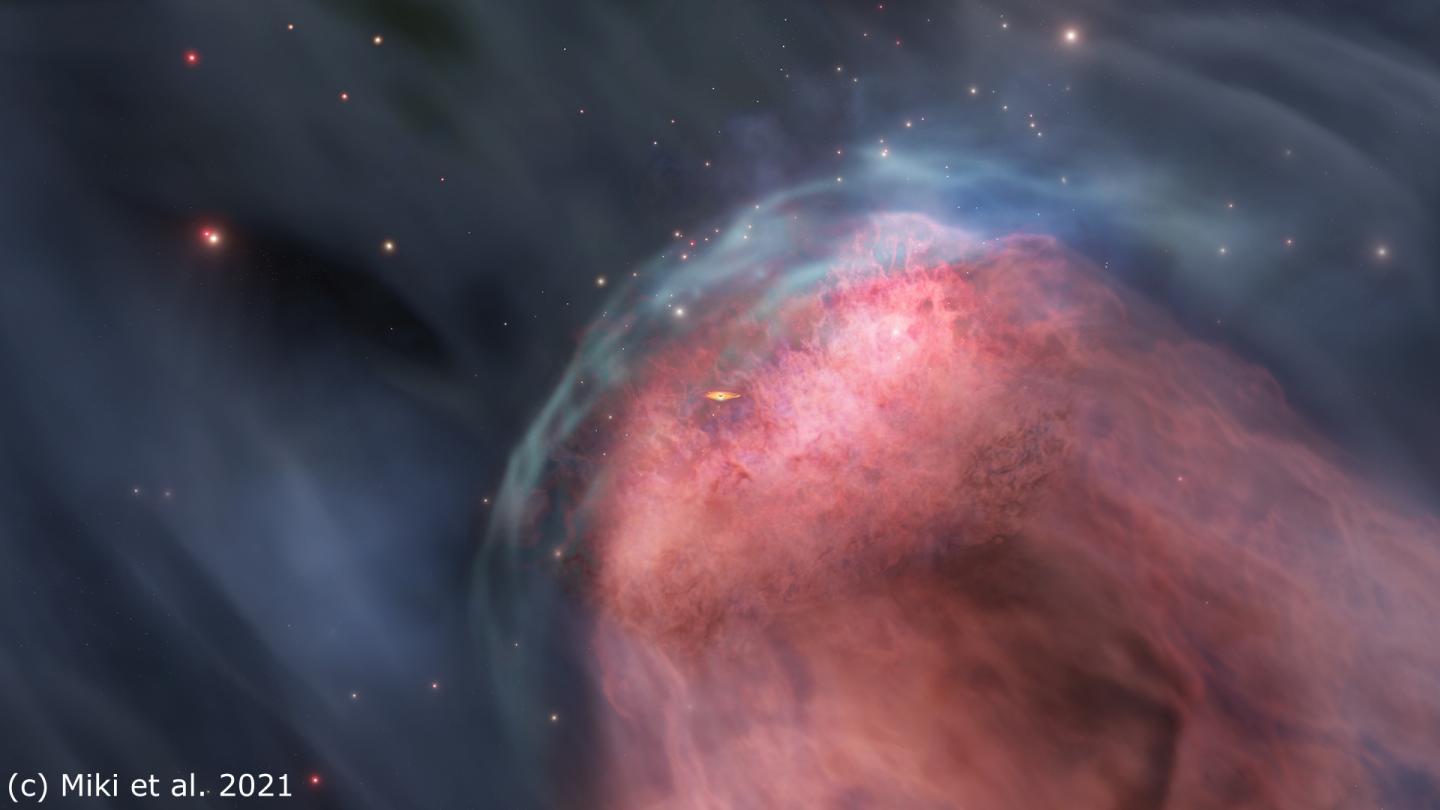 Artist's impression of gas being pulled away from a galactic nucleus.  CREDIT © 2021 Miki et al.