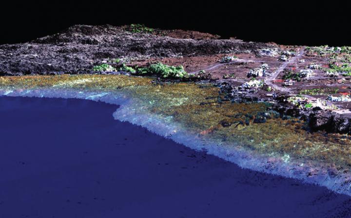 3D seamless land-sea terrain showing lidar-derived ocean floor color (with water removed via models).  CREDIT Greg Asner, Center for Global Discovery and Conservation Science, Arizona State University