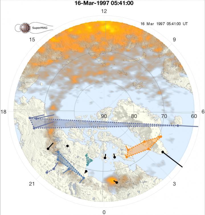 Map representing a snapshot of the community structure at onset.  CREDIT Background map credit: SuperMAG