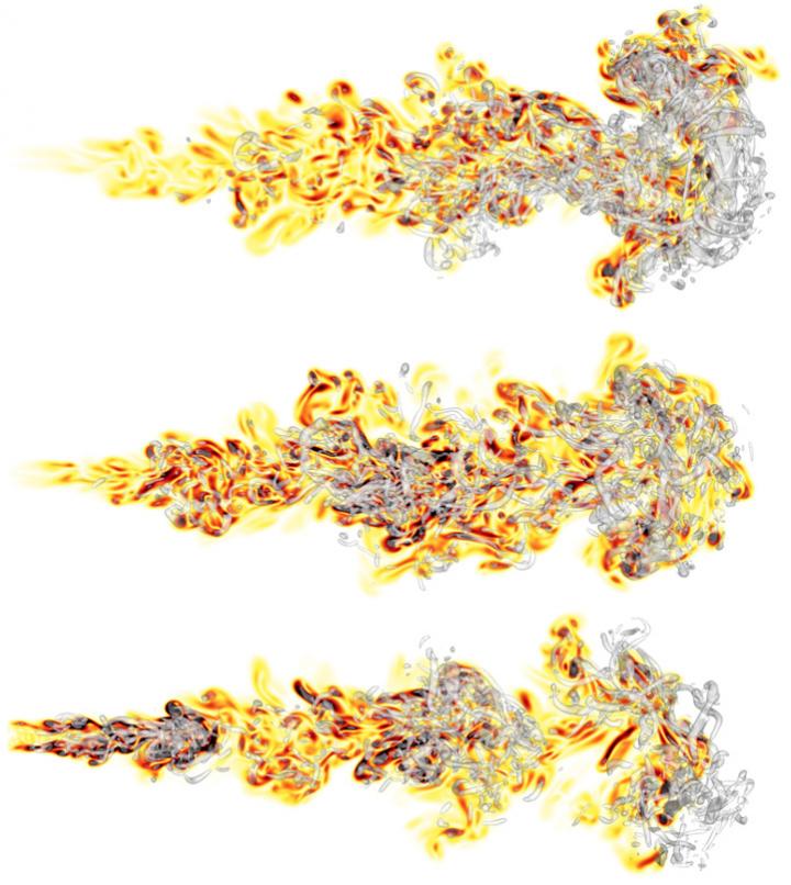 Visualizations showing a snapshot of (top to bottom) single-, two-, and three-pulse coughing events. Colors show "fluid vorticity," or rotation. Vortex structures can be seen to persist closer to the mouth for two- and three-pulse cases. These swirls can accelerate particles and send them further from their source than typical cough models would predict. This is especially important because air in these later pulses comes from deeper in the lungs and, in the case of COVID-19, would likely carry higher viral load.