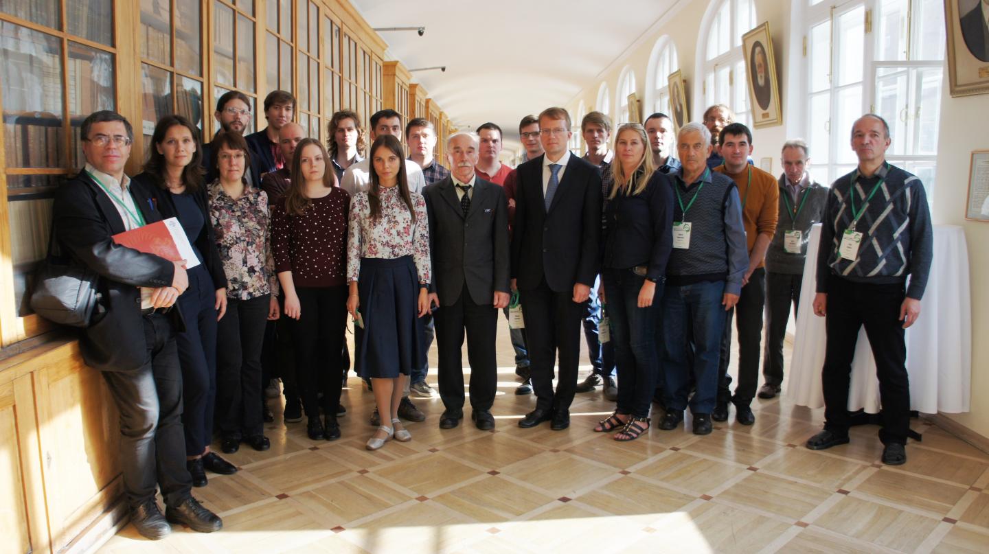 The staff of the Uraltsev Spin Optics Laboratory at St Petersburg University in the corridor of the Twelve Collegia building (St Petersburg, Russia)