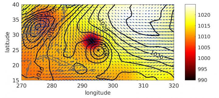 Fig. 2. 3.5-day forecast (black contour) and verifying analysis (shades of color) of mean sea level pressure for Hurricane Katia, valid at 12 UTC 6 September 2011. Moving the forecast along with the blue arrows aligns it with the observational analysis.  CREDIT Isidora Jankov