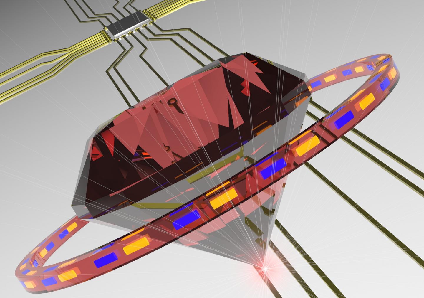 An artist's impression of a diamond building block in a future photonic circuit.  CREDIT Igor Aharonovich