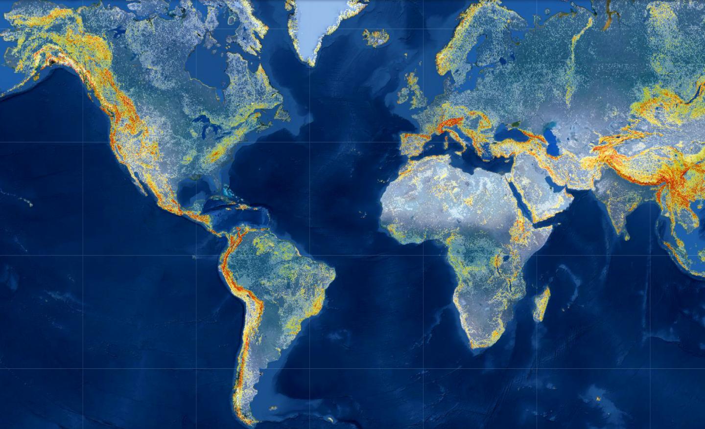 Image shows a map of potential landslide risk output by NASA's Landslide Hazard Assessment Model (LHASA) in June 2021. Red indicates the highest risk and dark blue indicates the lowest risk.