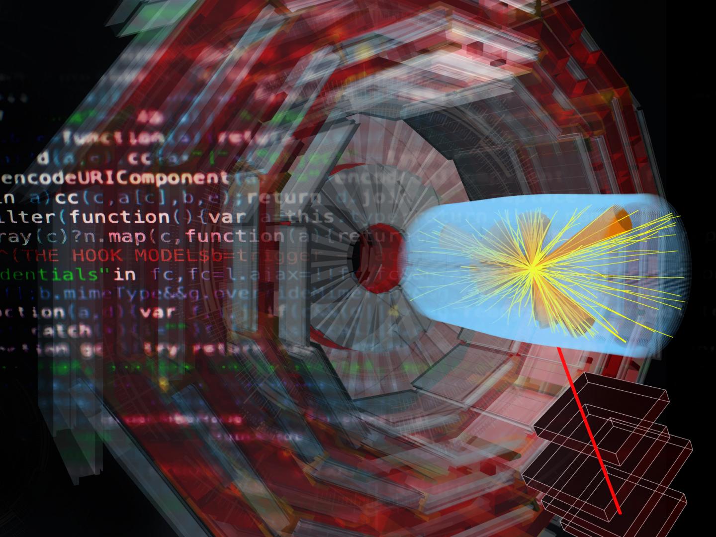 An event recorded with a particle detector, from which ten particle streams (known as "jets", represented as orange cones), a certain elementary particle (muon, red line) and additional elementary particles (yellow lines) have emerged. This visualization is based on data measured with the particle detector. In addition to experimental data, simulated or synthetic data are also commonly used in high energy physics. For the correct generation of synthetic data sets, all physical boundary conditions must be taken into account, which makes this task computationally intensive. The use of neural networks could considerably accelerate the production of synthetic data sets. With large amounts of synthetic data generated without great effort, scientists could in the future test more hypotheses on the standard model of elementary particle physics and beyond this model. The illustration here contains only a few of the detector's elements like the inner layers (blue) as well as the muon chambers (gray). The muon chambers are anchored in the steel yoke (red). The yoke guides the strong magnetic fields necessary for precise measurement of the particles.