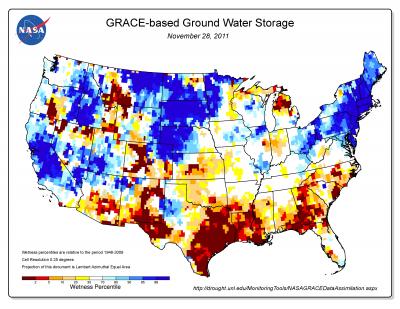 New groundwater and soil moisture drought indicator maps produced by NASA are available on the National Drought Mitigation Center's website. They currently show unusually low groundwater storage levels in Texas. The maps use an 11-division scale, with blues showing wetter-than-normal conditions and a yellow-to-red spectrum showing drier-than-normal conditions.  Credit: NASA/National Drought Mitigation Center