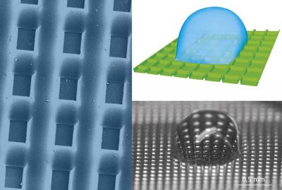 On the left is micrometer-scale structured polystyrene surfaces for use with micro-fluids. On the right is static wetting of this type of surface with water – simulation and experiment.  Credit: Fraunhofer IWM