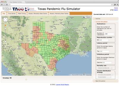 The Texas Pandemic Flu Simulator allows for simulation of flu pandemics across the state of Texas under user-defined scenarios. Antiviral, vaccine, and public health announcement interventions are modeled. Results can be interactively visualized.  Credit: Dr. Lauren Ancel Meyers, the University of Texas at Austin, Texas Advanced Computing Center