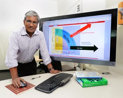 Krishna Rajan of Iowa State University and the Ames Laboratory is developing statistical learning techniques to research and develop new materials.  Credit: Photo by Bob Elbert/Iowa State University