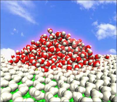 A liquid water droplet on a water monolayer on a polar model surface has been observed at room temperature, and has been termed an 'ordered water monolayer that does not completely wet water.' The blue sky and white cloud represent room temperature; green spheres represent solid surfaces; silver spheres represent an ordered water monolayer; and red and white spheres represent oxygen and hydrogen atoms of the liquid water molecules.