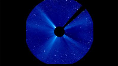 A coronal mass ejection on Jan. 20, 2005, produced an extreme amount of solar particles, seen as white static in this imagery from ESA/NASA's Solar and Heliospheric Observatory. Closer to Earth, it created a solar storm with an unusual combination of strong and weak effects.