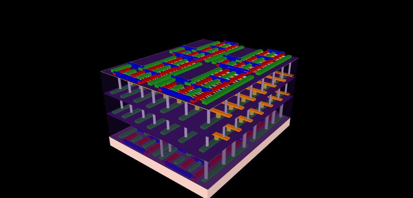 This illustration represents the four-layer prototype high-rise chip built by Stanford engineers. The bottom and top layers are logic transistors. Sandwiched between them are two layers of memory. The vertical tubes are nanoscale electronic "elevators" that connect logic and memory, allowing them to work together to solve problems.  Credit: Max Shulaker, Stanford