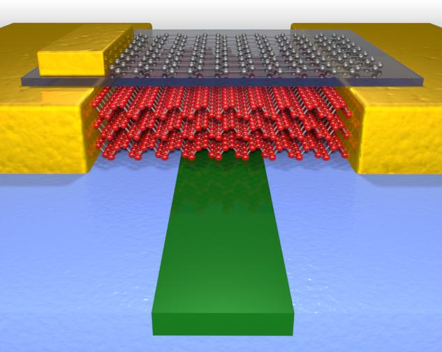 This illustration shows the high performance photodetector which uses few layer black phosphorus (red atoms) to sense light in the waveguide (green material). Graphene (gray atoms) is also used to tune the performance.